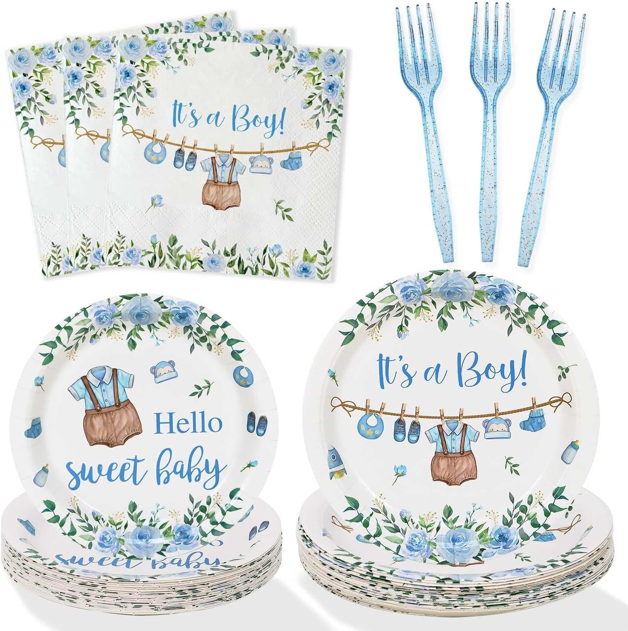 Baby Shower Decorations Plates Set 25 Guests, 100 Pcs Blue It's a Boy Sweet Baby Shower Decorations Paper Plates Napkins Forks Set Tableware